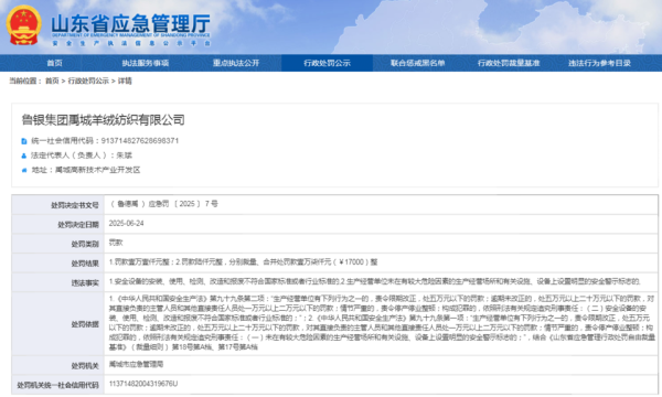 鑫配资官网 因这些违法事实，鲁银集团禹城羊绒纺织有限公司被罚