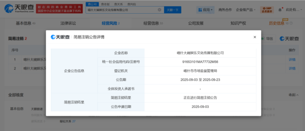 保利配资 贾玲名下大碗娱乐子公司拟注销